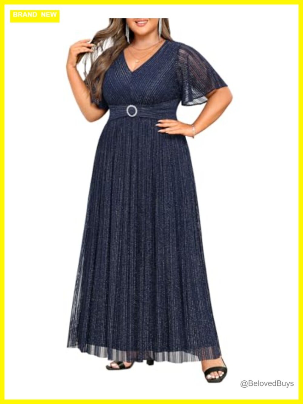 Plus Size Formal Glitter Prom Dress V-Neck A-Line Floor Length